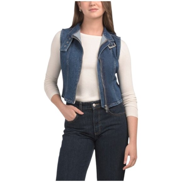 WARP + WEFT Denim Cropped Vest With Front Zip Closure - Picture 1 of 3